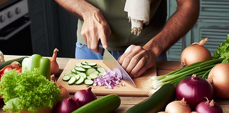 Una persona cortando cebolla en una tabla rodeada de hortalizas